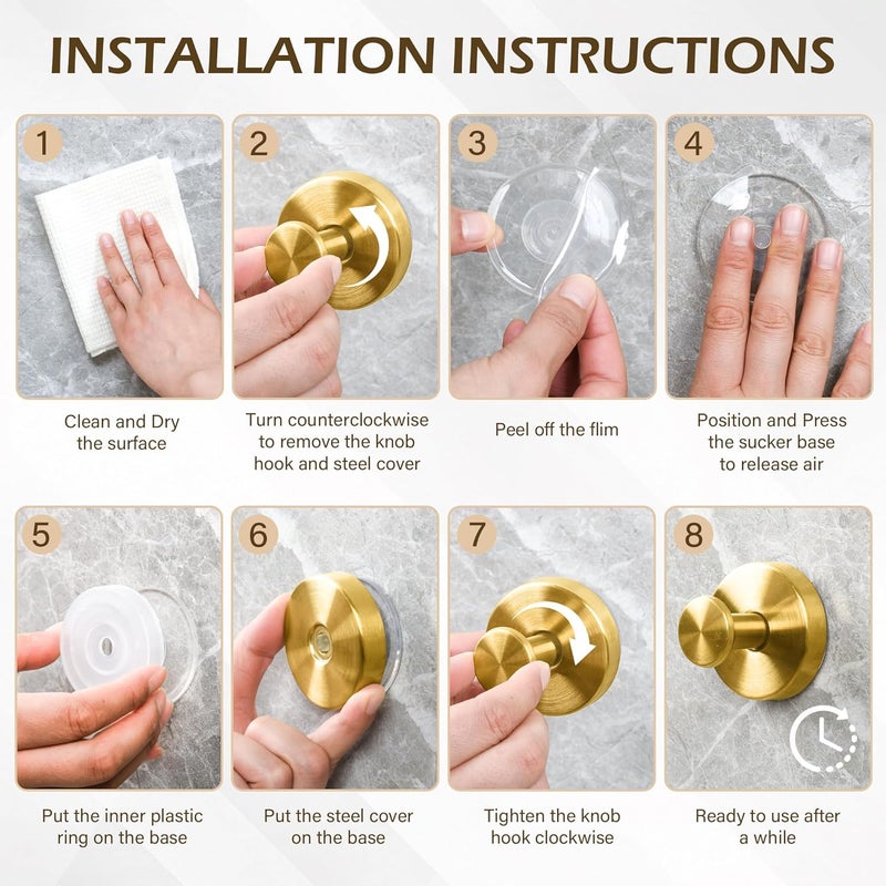 Ninth Five Shower Suction Cup Hooks, Heavy Duty Bathroom Wall Hooks for Towels, Robes, Loofahs, Removable Metal Hook for Tile Glass Mirror, No Drill(4 Pack, Gold) - Image 5